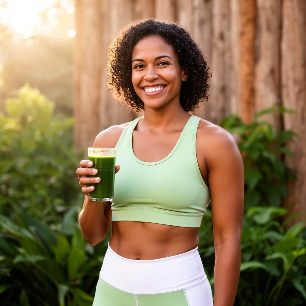 Valentina Cortez sonriendo sosteniendo un jugo verde natural